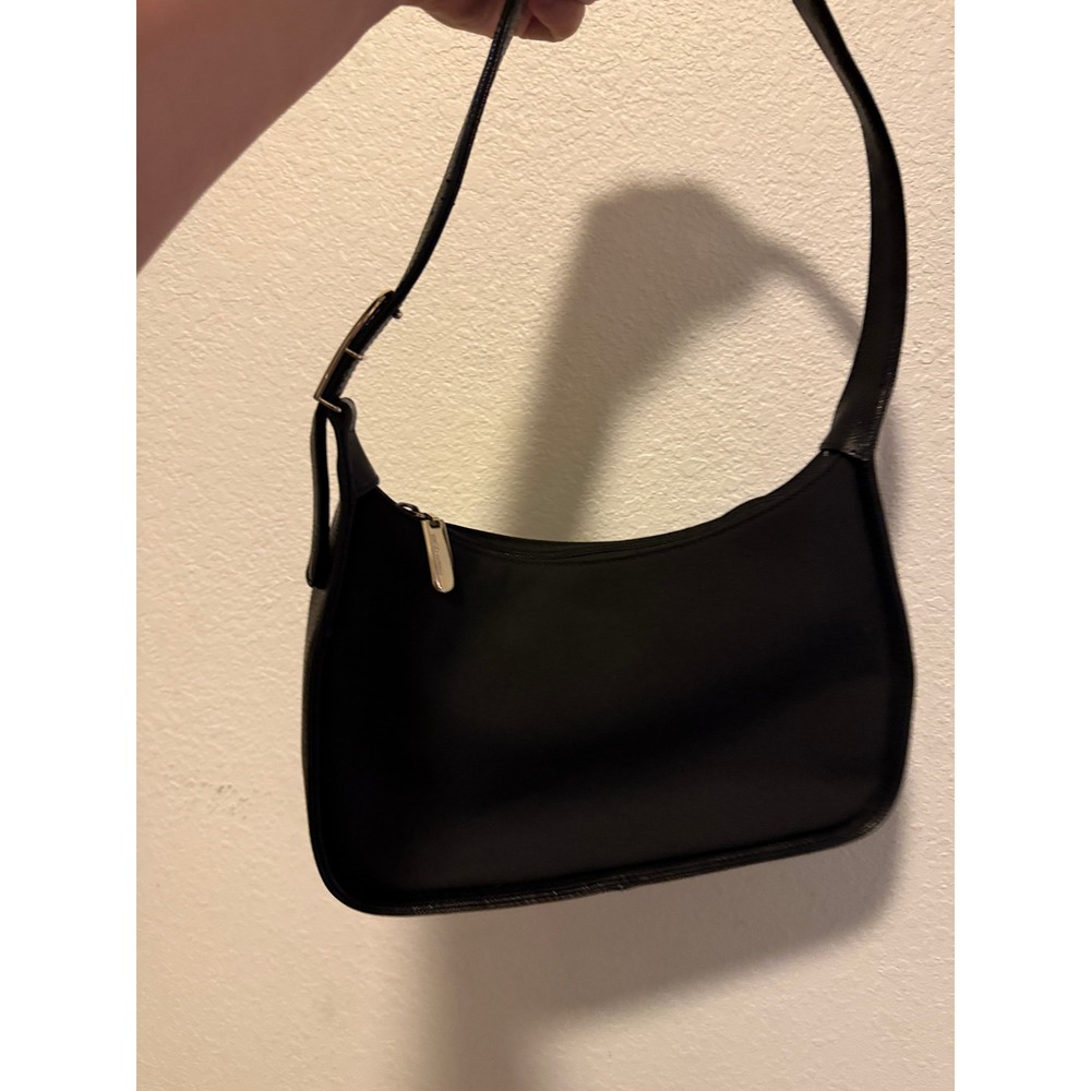 Enzo Angiolini Black Nylon Shoulder Bag Pebbled Leather Trim Baguette Purse - Picture 12 of 13